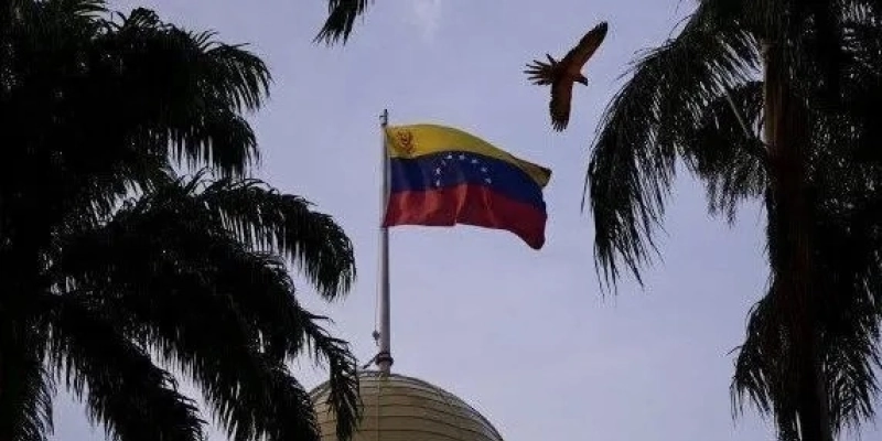 Uma arara voa perto de bandeira venezuelana no Palácio Federal Legislativo, em Caracas, Venezuela - 16/04/2024REUTERS/Gaby Oraa
