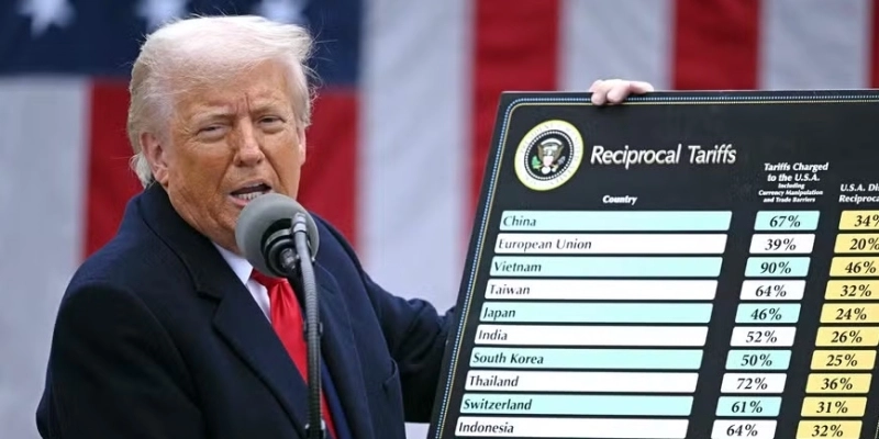 Donald Trump, presidente dos EUA segura um gráfico enquanto discursa sobre tarifas recíprocas durante um evento na Casa Branca em abril - Brendan SMIALOWSKI / AFP