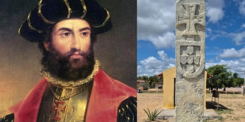 À esquerda, representação de Pedro Álvares Cabral; à direita, réplica da pedra do Marco, no litoral do Rio Grande do Norte - Thomaz Coelho/CNN