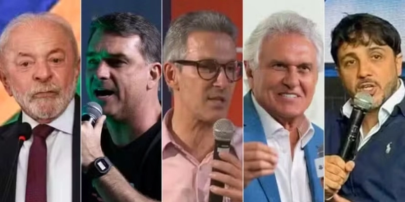 Lula, Flávio Bolsonaro, Romeu Zema, Ronaldo Caiado e Renan Santos - Marcelo Camargo/Agência Brasil, Edilson Dantas / Agência O Globo, Reprodução/TV Globo, Divulgação e Genial/Divulgação