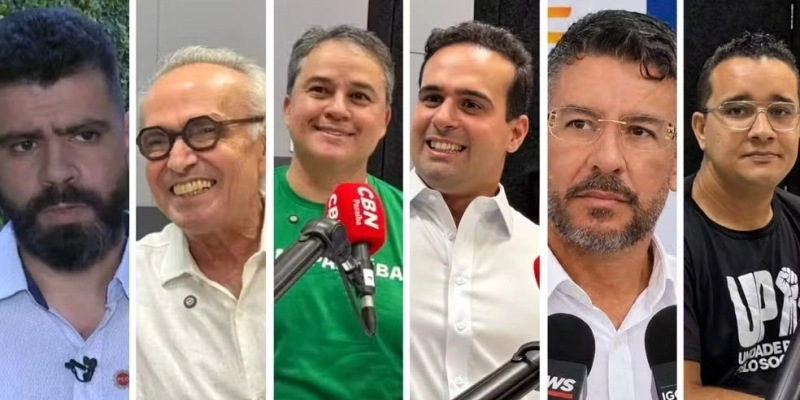 Candidatos ao governo da Paraíba: Camilo Duarte (PCO), Cícero Lucena (MDB), Efraim Filho (PL), Lucas Ribeiro (PP), Pedro Coutinho (DC) e Yuri Ezequiel (UP) - Reprodução