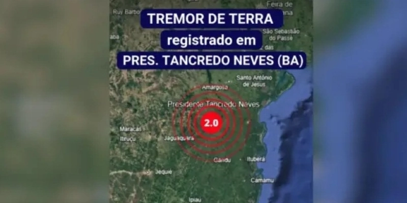 Abalo foi registrado no município Presidente Tancredo Neves, na segunda-feira (7) - Reprodução/Rede Sismográfica Brasileira