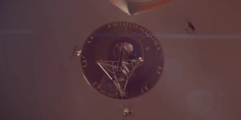 Nessa animação, os helicópteros da missão SkyFall Mars se afastam durante a implantação em pleno ar - NASA/JPL-Caltech