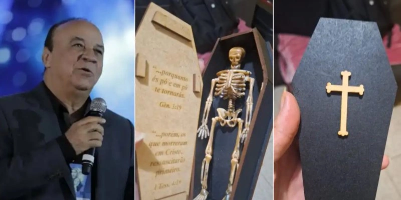 Caixão com caveira entregues a pastores da Quadrangular - Reprodução