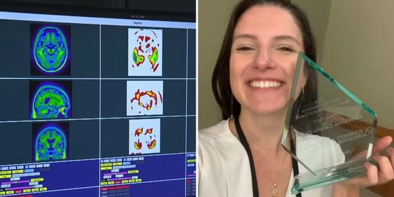 Giovanna Carello Collar, de 27 anos, com o prêmio que venceu por pesquisa sobre Alzheimer - Reprodução/RBS TV e arquivo pessoal
