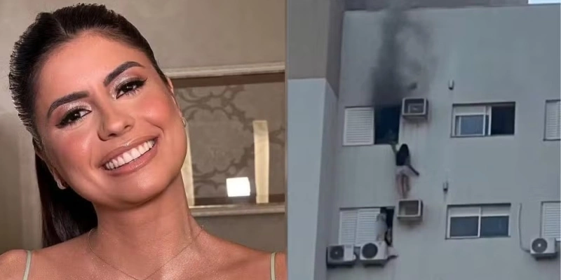 Juliane Vieira, de 28, ficou pendurada em um suporte de ar-condicionado para resgatar mãe e primo durante incêndio - Reprodução