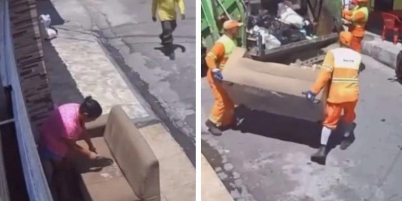 Dona de casa coloca sofá para secar na calçada é objeto é recolhido por engano por garis - Redes Sociais